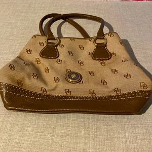 Authentic Dooney & Bourke brown leather and canvas shoulder bag.